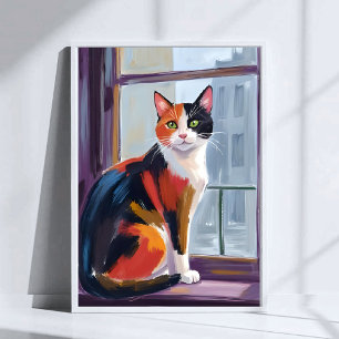 Calico Cat Watercolor Windowsill Pet Art Poster