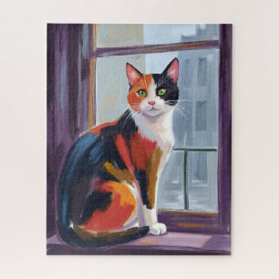Calico Cat Watercolor Windowsill Pet Jigsaw Puzzle