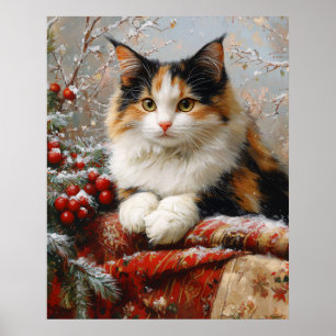 Calico Cat Winter Scene Painting Poster