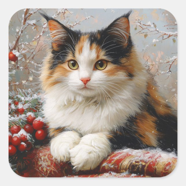 Calico Cat Winter Scene Painting Square Sticker (Front)