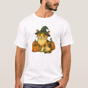 Calico Cat Witch with Pumpkins Halloween Design Cl T-Shirt