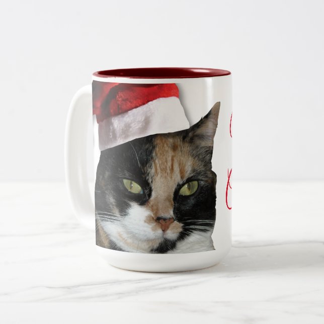 Calico Cat with a Santa Claus Hat Two-Tone Coffee Mug (Front Left)