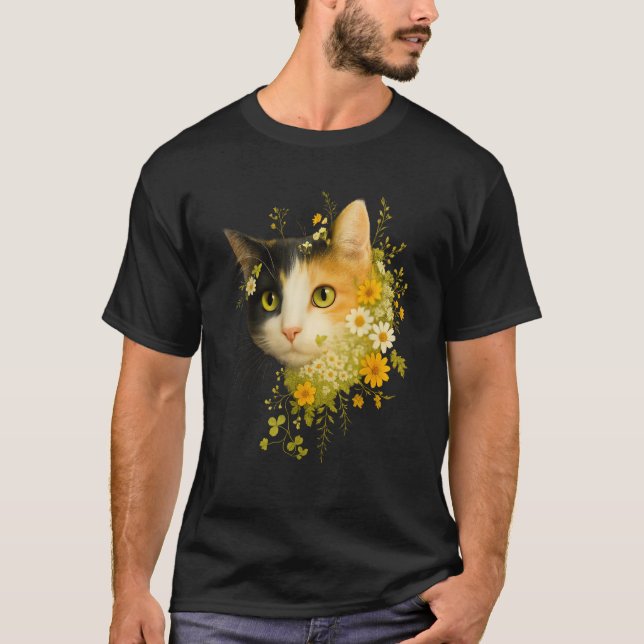 Calico Cat With Flowers for Mum Dad Women Men Kids T-Shirt (Front)