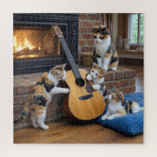 Calico Cat with Kittens and Guitar Jigsaw Puzzle