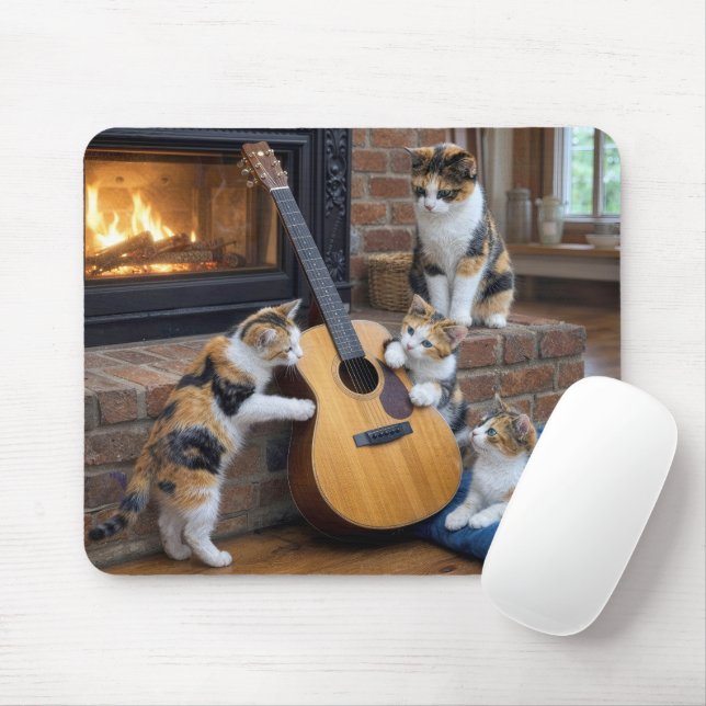 Calico Cat with Kittens and Guitar Mouse Mat (With Mouse)