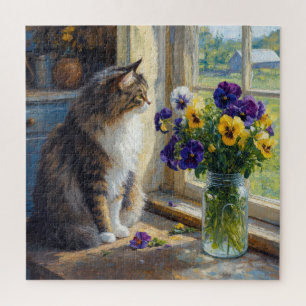 Calico Cat with Pansy Bouquet by Farmhouse Window Jigsaw Puzzle