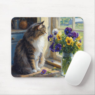 Calico Cat with Pansy Bouquet by Farmhouse Window Mouse Mat
