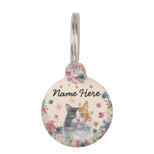Calico Cat with Tricolored coat Floral circle Pet Tag
