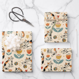 Calico Cats Naive Art Style Wrapping Paper Sheet