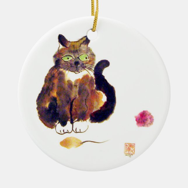 Calico Colours - kitty has two toys Ceramic Tree Decoration (Front)