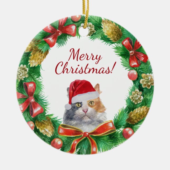 Calico domestic cat merry christmas ceramic tree decoration (Front)