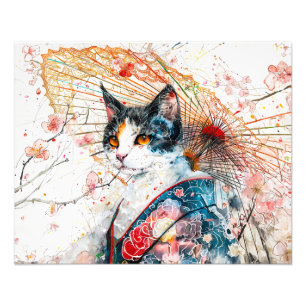 Calico Geisha Cat with Red Umbrella in Chinese Ink Photo Print