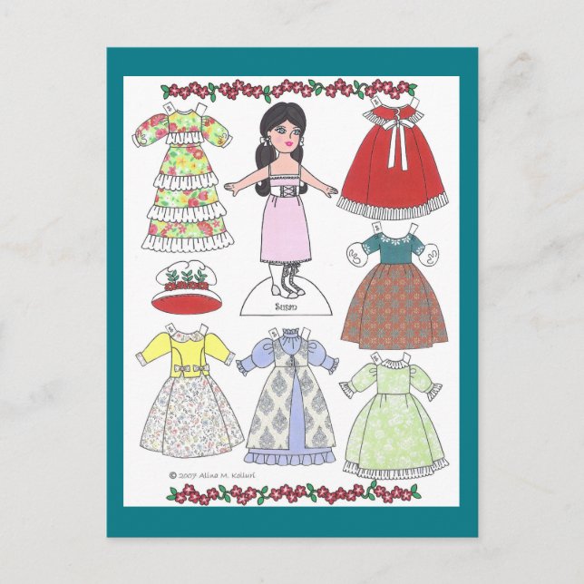 Calico Girl Susan Old-Fashioned Paper Doll Postcard (Front)