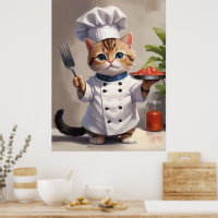 Calico Kitten Chef with Fork Cute Baking