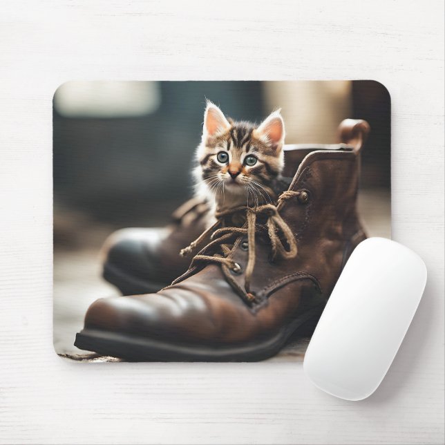Calico Kitten In Old Shoe Mouse Mat (With Mouse)