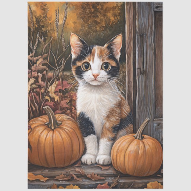 Calico Kitten Sitting Among Fall Leaves Decoupage Tissue Paper (Front)