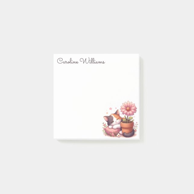 Calico Kitten Sleeping Cat and Pink Daisy Square Post-it Notes (Front)