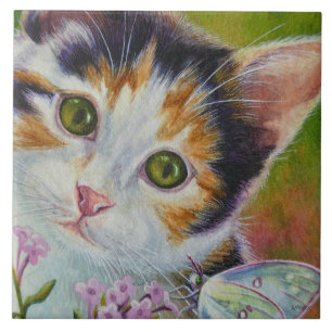 Calico Kitten & Sulphur Butterfly Watercolor Art Tile