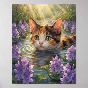 Calico Kitten Swimming with Purple Hyacinth Blosso Poster