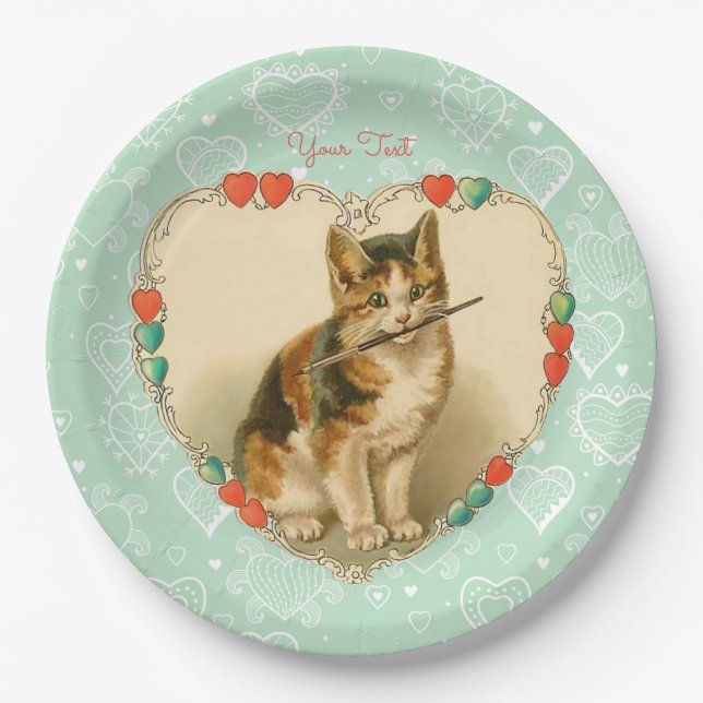 Calico Kitten Valentine Hearts Paper Plate (Front)