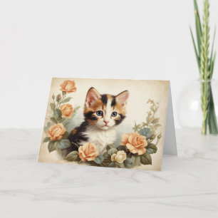 Calico Kitten Vintage Cute Portrait Flowers Sweet  Card