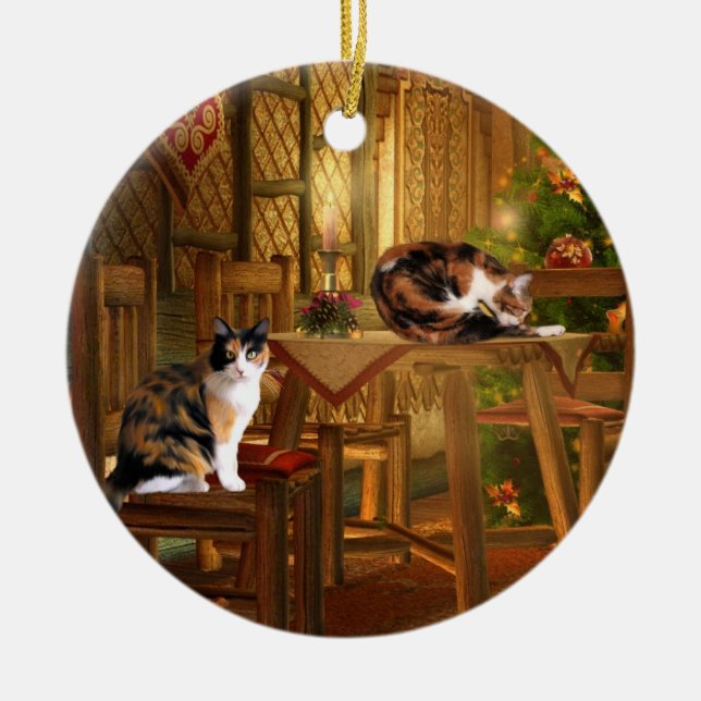 Calico kitties Christmas Ceramic Tree Decoration (Front)