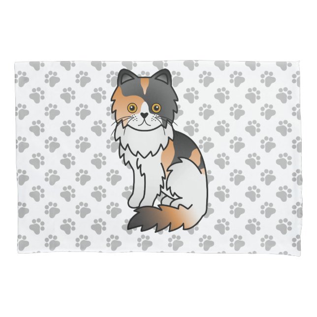 Calico Persian Cute Cartoon Cat & Paws Pillowcase (Front)