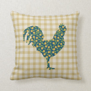 Calico Rooster Gingham Pattern Blue Yellow Green Cushion