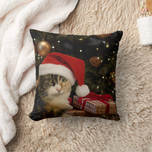 Calico Santa Kitty Throw Pillow