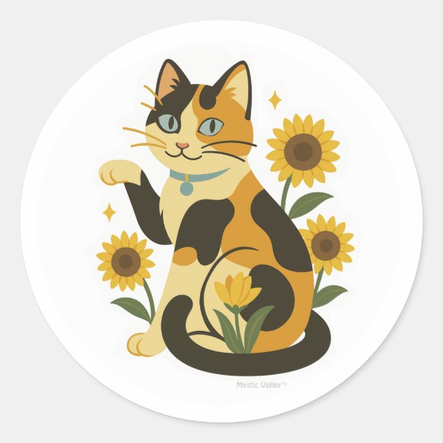 Calico with Sunflowers  Classic Round Sticker (Front)