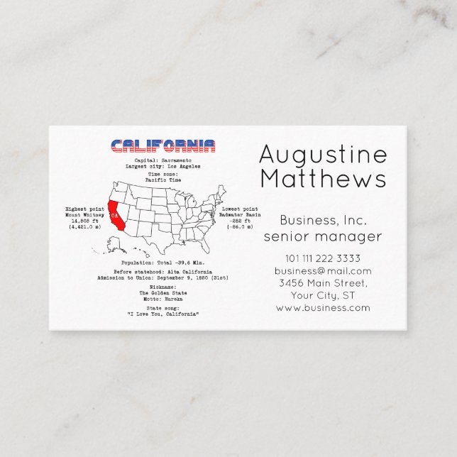 California American state on a map and useful info Business Card (Front)