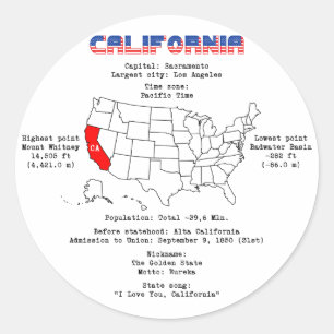 California American state on a map and useful info Classic Round Sticker