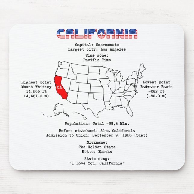 California American state on a map and useful info Mouse Mat (Front)