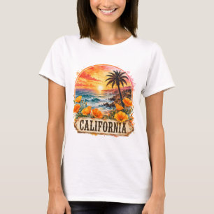 California Beach Flower Tropical Watercolor Design T-Shirt