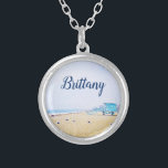 California beach ocean seagulls sand custom name silver plated necklace<br><div class="desc">Relax and remind yourself of the fresh salt smell of the ocean air whenever you wear this stunning pastel-coloured photography personalised name charm necklace. This necklace comes in small, medium and large sizes, as well as both square and circle shapes. You can order this necklace in your choice of sterling...</div>