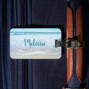 California beach ocean waves photo script monogram luggage tag
