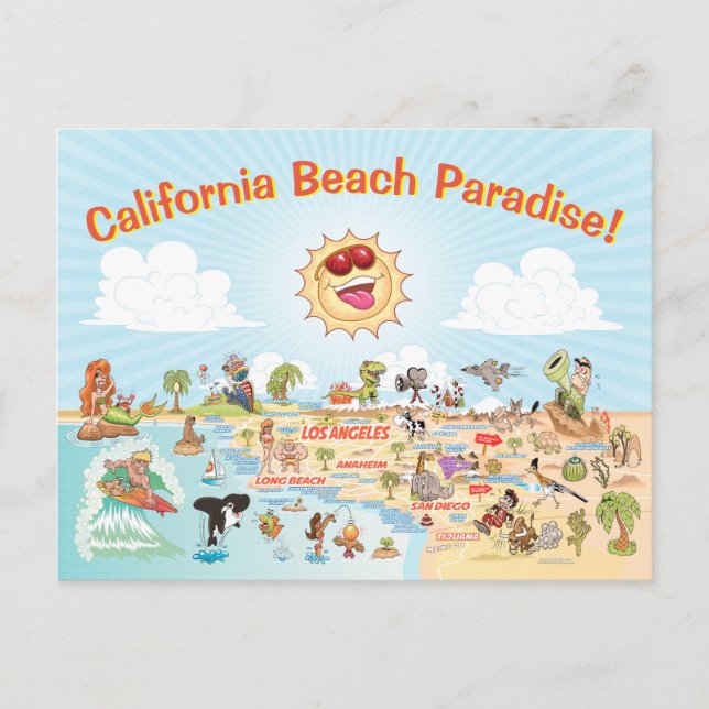 California Beach Paradise Cartoon Postcard (Front)