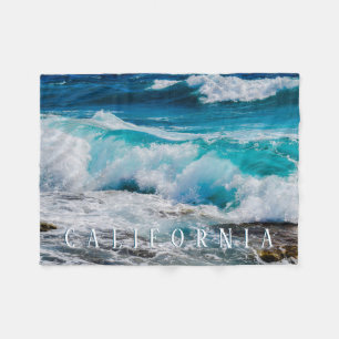 California Beach, Teal Waves, White Text Fleece Blanket