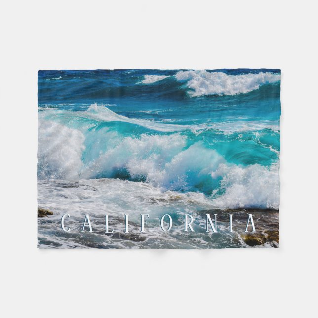 California Beach, Teal Waves, White Text Fleece Blanket (Front (Horizontal))