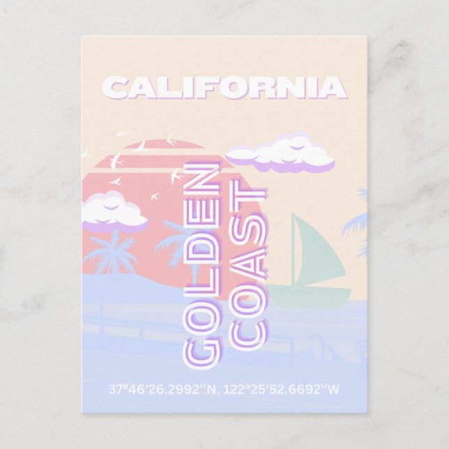 California, Beach, Travel Art, Preppy, Pastel Holiday Postcard (Front)