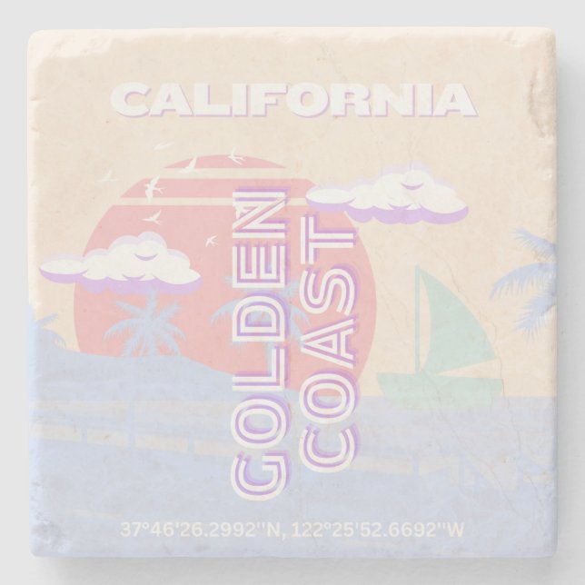 California, Beach, Travel Art, Preppy, Pastel Stone Coaster (Front)