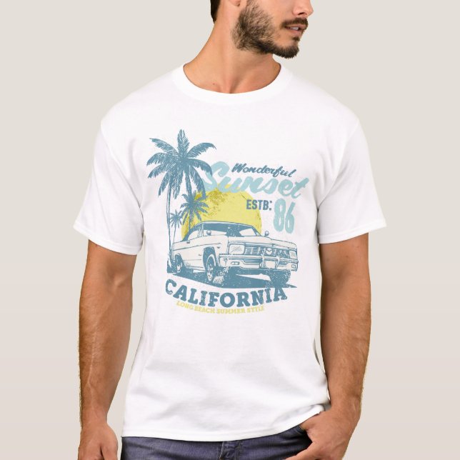 California Beach Vibes Sunset & Car T-Shirt (Front)