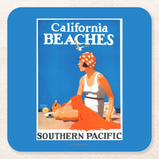 California Beaches Promotional Poster Square Paper Coaster (Front)