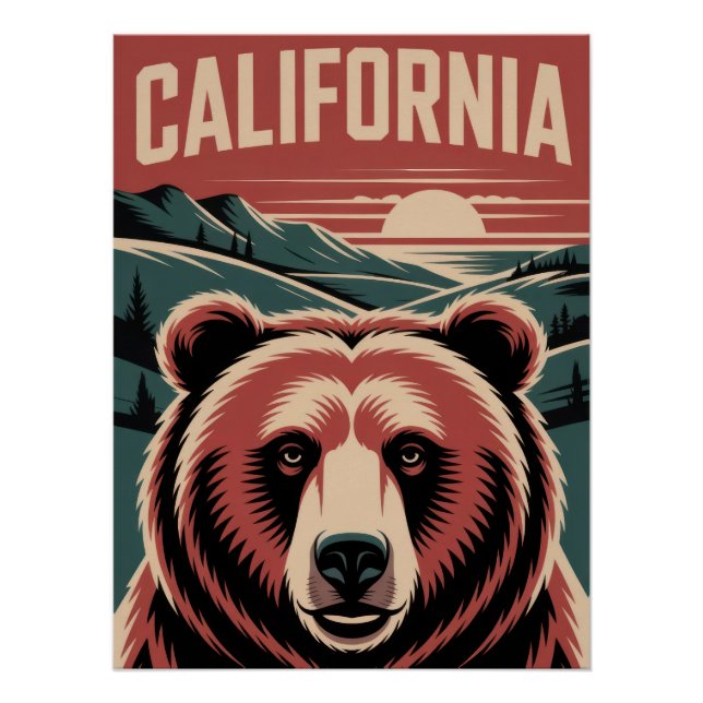 California Bear & Mountain Sunset - Vintage Golden Poster (Front)