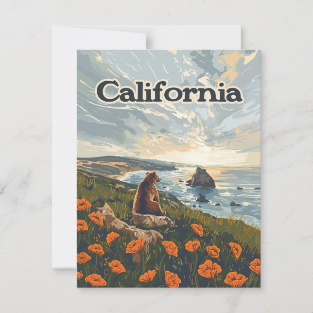 California Bear Poppies Flowers Coast Retro Card (Front)