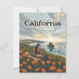California Bear Poppies Flowers Coast Retro Card