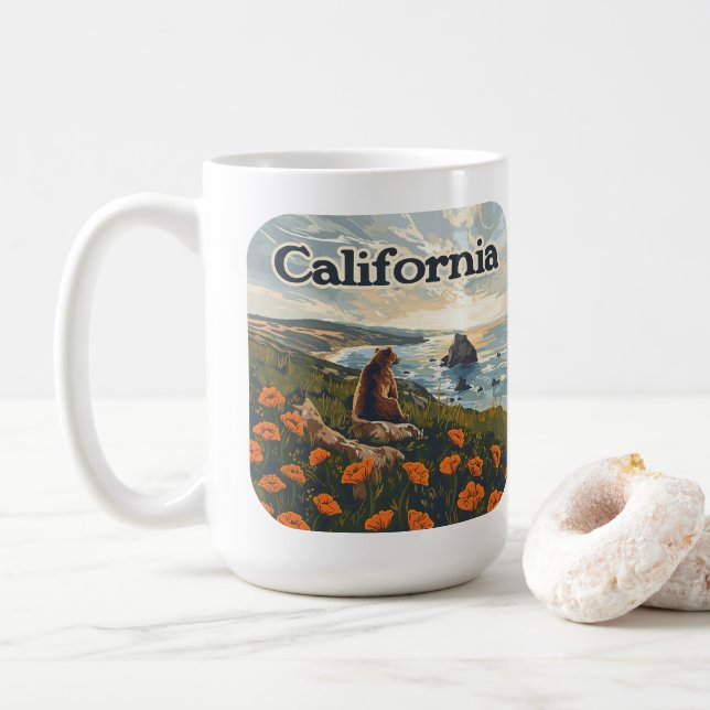 California Bear Poppies Flowers Coast Retro Coffee Mug (With Donut)