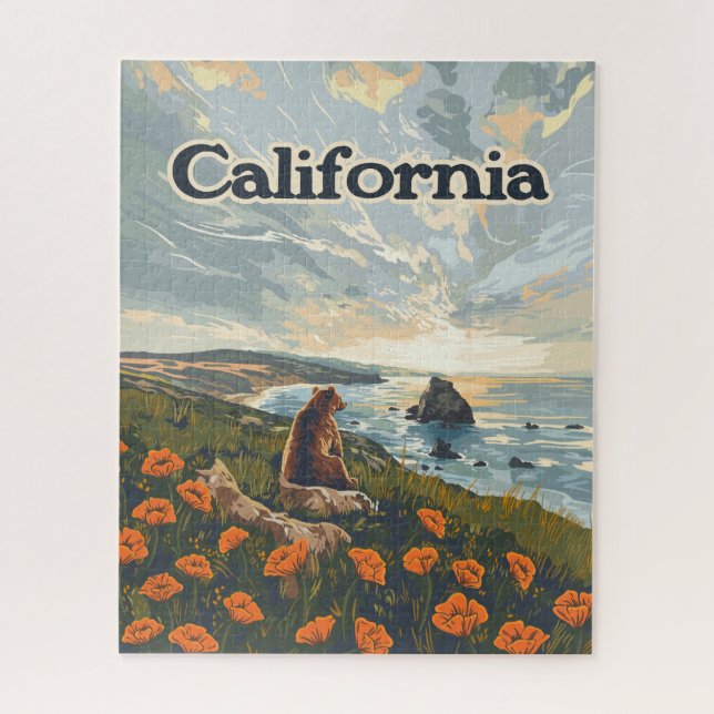 California Bear Poppies Flowers Coast Retro Jigsaw Puzzle (Vertical)