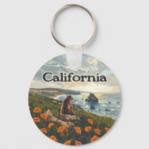 California Bear Poppies Flowers Coast Retro Key Ring