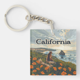 California Bear Poppies Flowers Coast Retro Key Ring